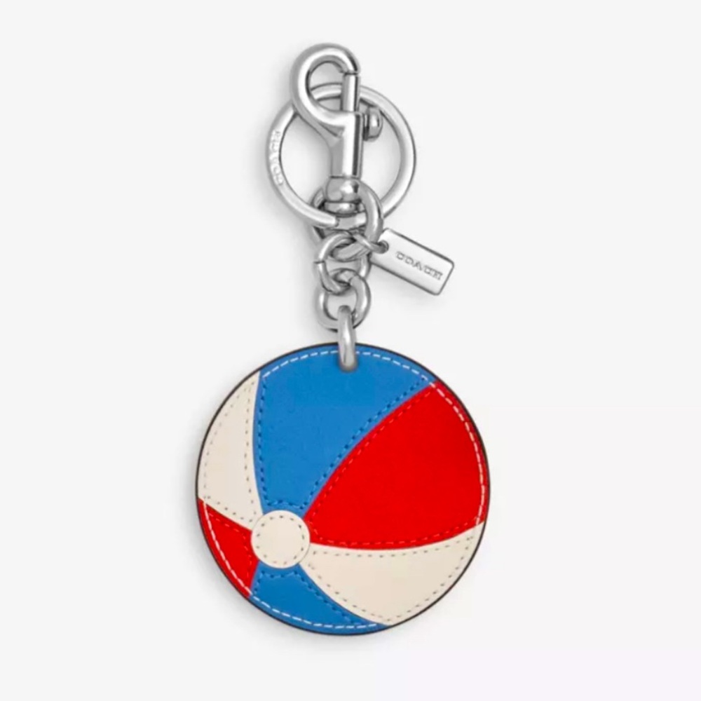 NEW! COACH Beachball Bag Charm, Leather, White/Blue/Red w/ Silvertone Hardware